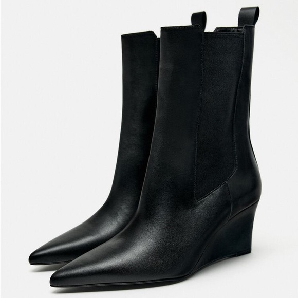 Zara Black Leather Wedge Ankle Boots - Picture 4 of 6